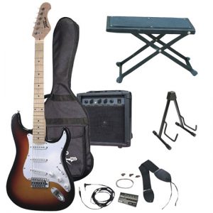 Professional Full Size Electric 6 String Guitar Package w/ Amplifier + Folding Guitar Stand + Guitar Foot Stool. (KTMUPK04)